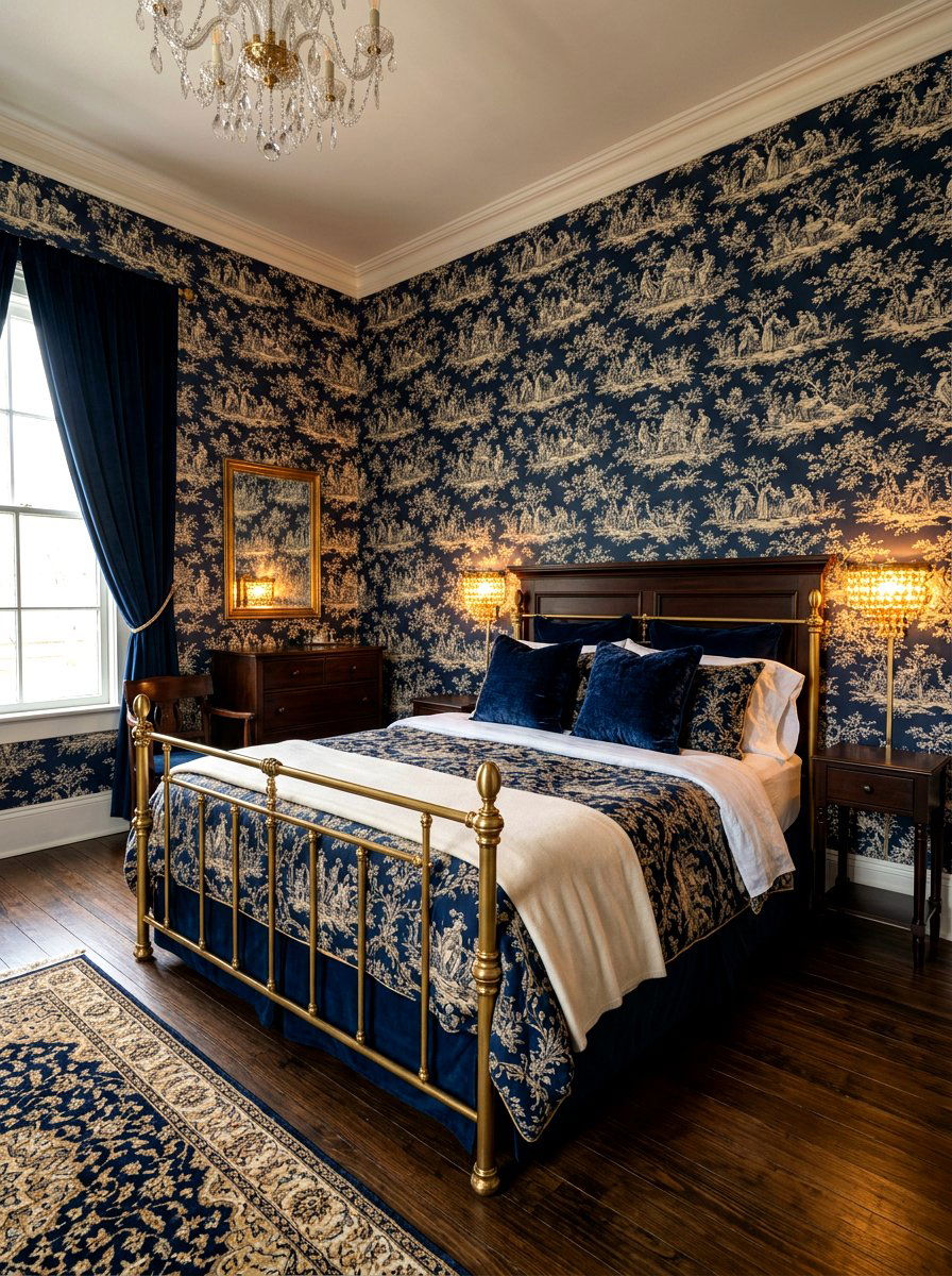 Dark navy toile sophisticated room - 30 toile bedroom ideas