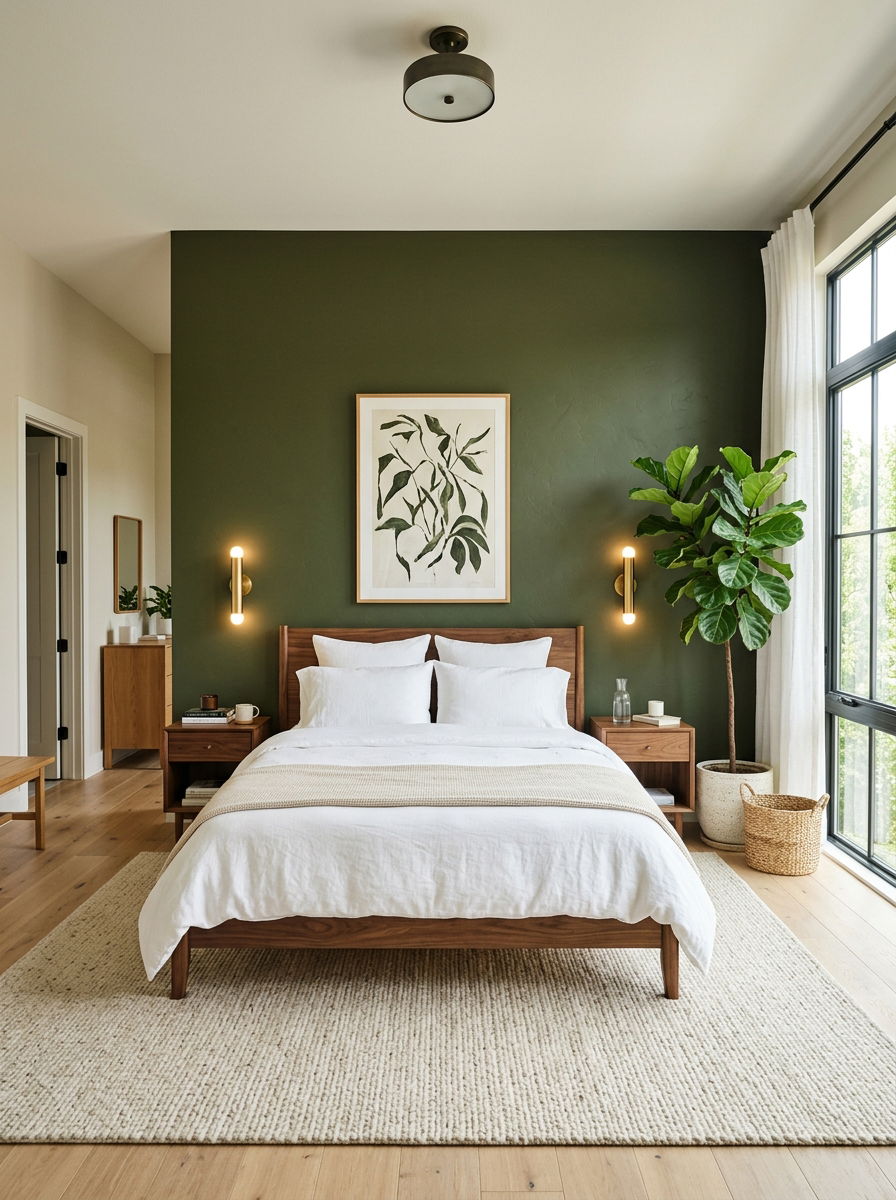 Dark olive green accent wall - 30 olive green bedroom ideas