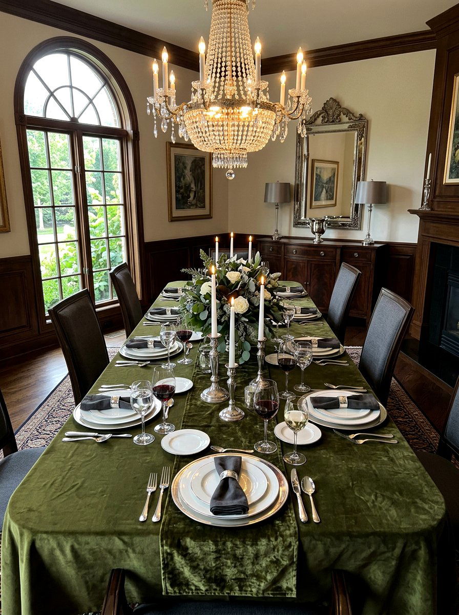 Dark olive green tablecloth setting - 30 olive tablescape ideas