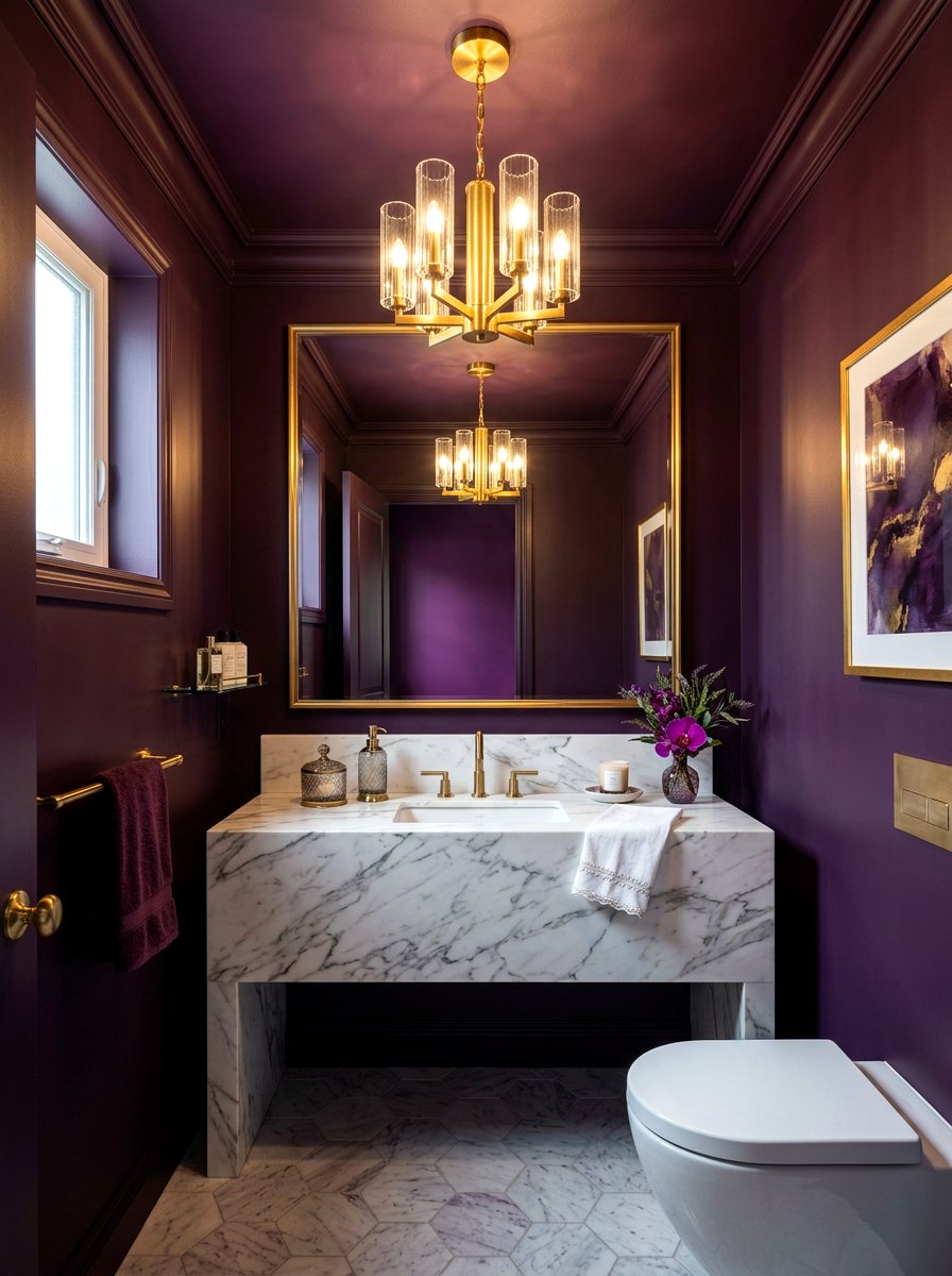 Dark painted ceiling - 30 aubergine powder room ideas