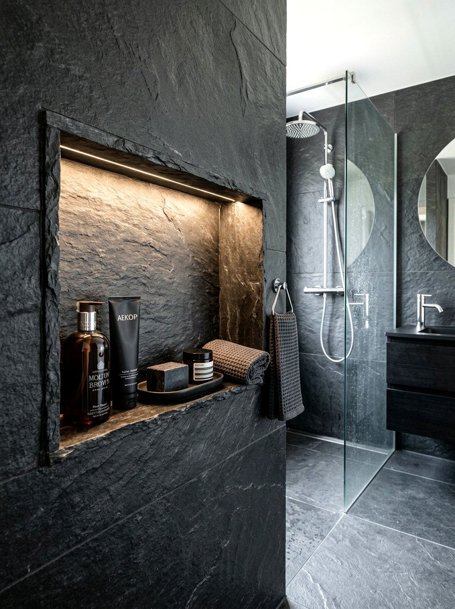 Dark slate bathroom niche - 30 tub niche ideas