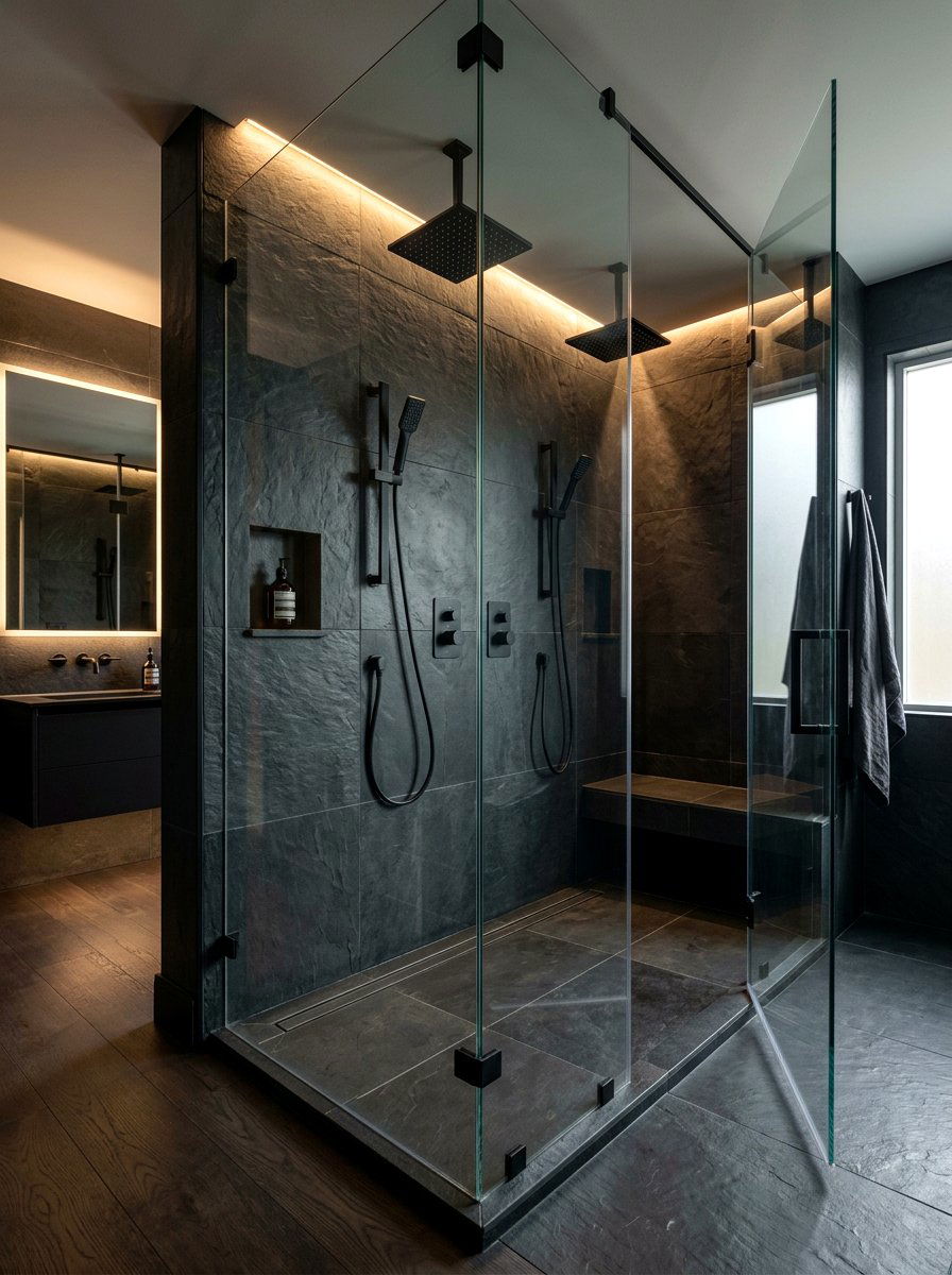 Dark slate double shower - 30 double shower bathroom ideas