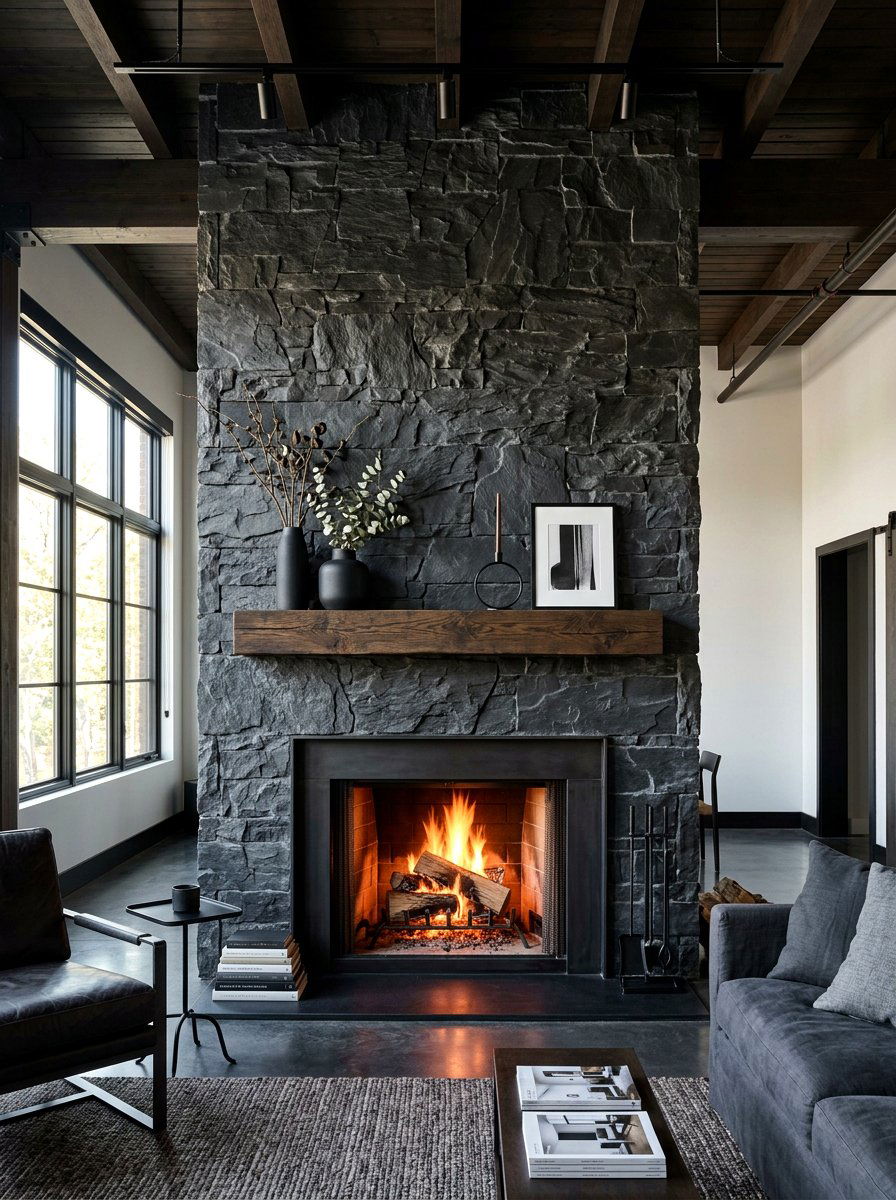 Dark stone fireplace - 30 moody mantel fall ideas