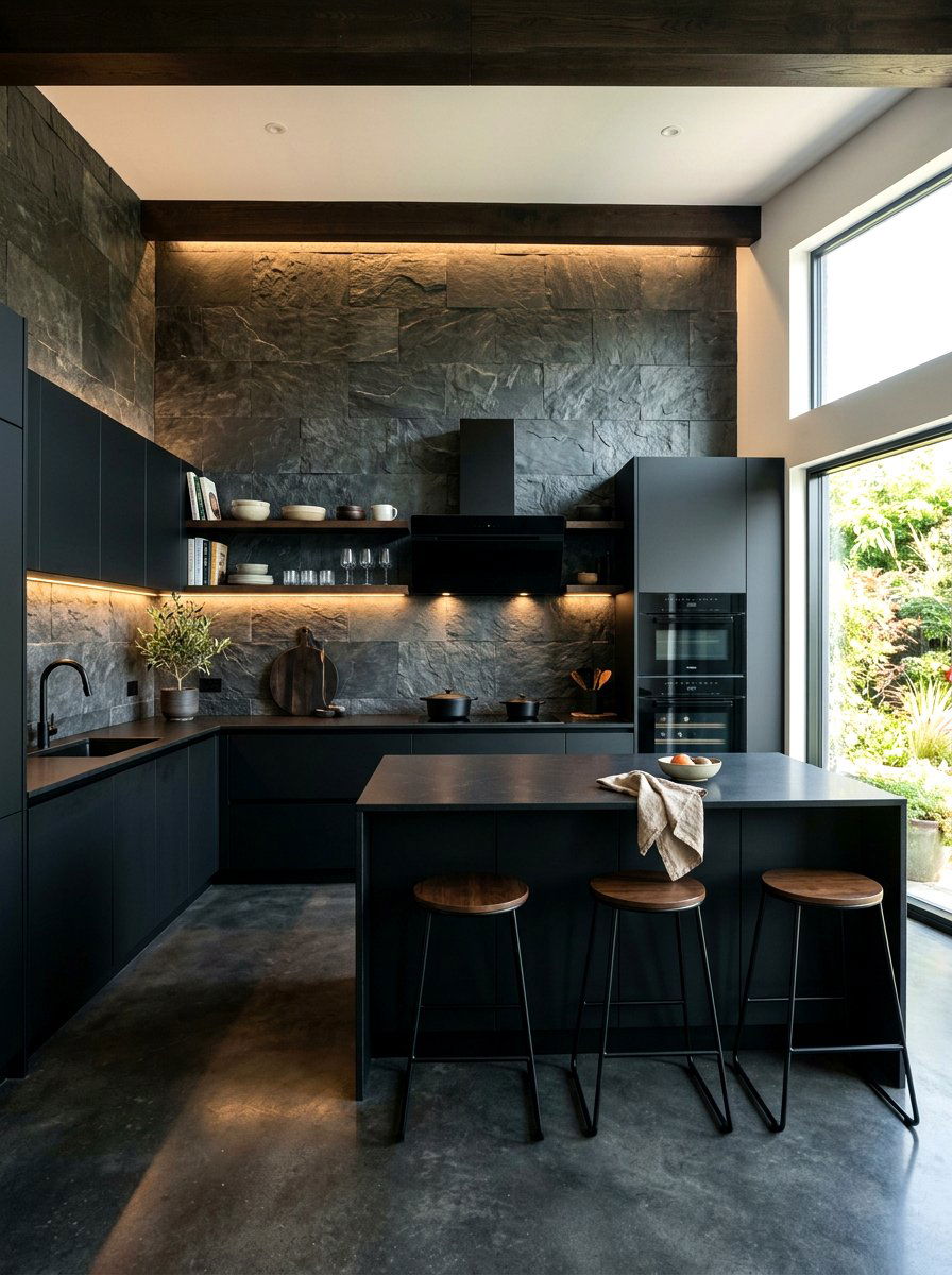 Dark stone wall - 30 moody kitchen ideas