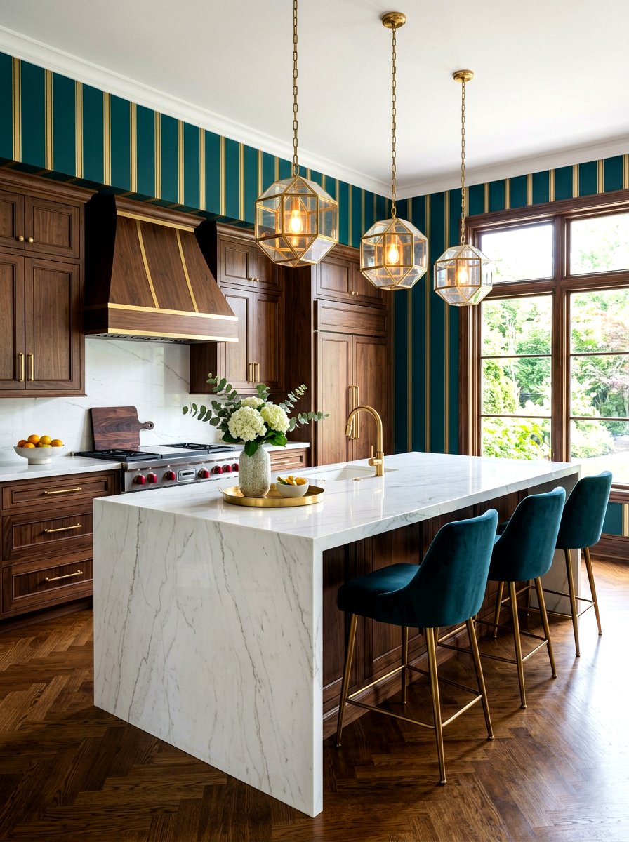 Dark teal and gold striped kitchen - 30 striped kitchen wallpaper ideas