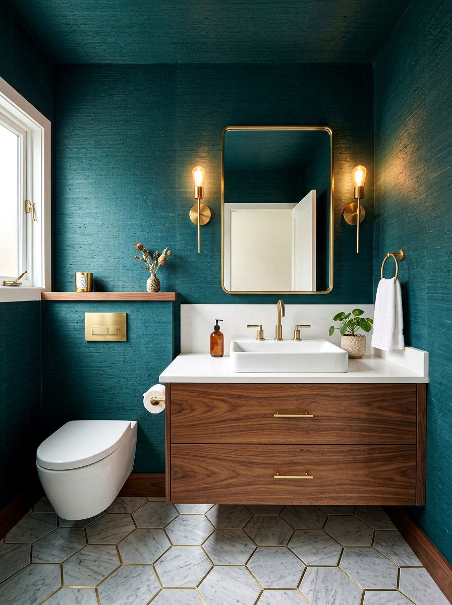 Dark teal wallpaper - 30 jewel box powder room wallpaper ideas