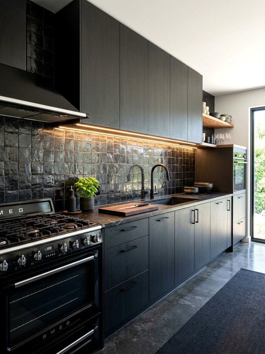 Dark textured backsplash - 30 moody kitchen ideas