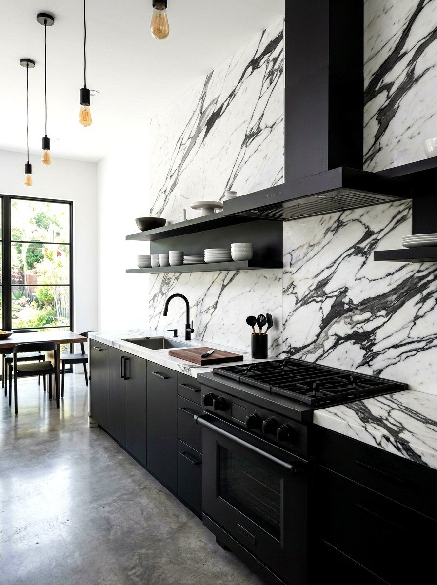 Dark veined marble backsplash - 30 slab backsplash ideas