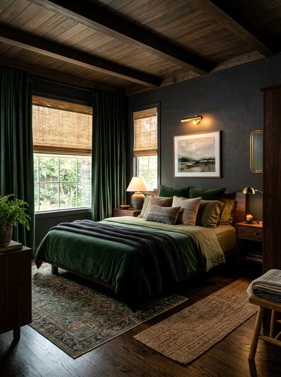 Dark velvet curtains over bamboo shades - 30 bedroom curtain layering ideas