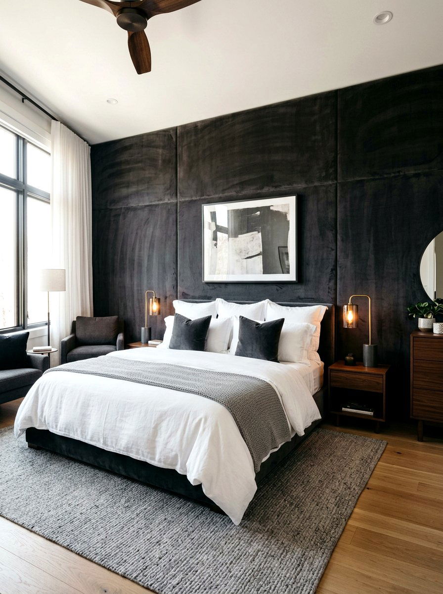 Dark velvet headboard - 30 wall to wall headboard ideas