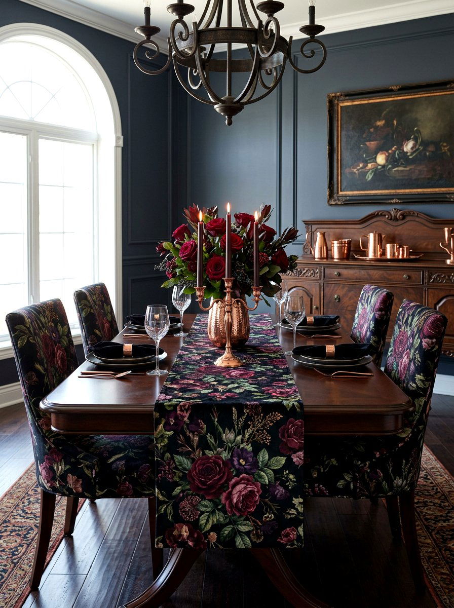 Dark velvet moody floral table runner - 30 floral table runner ideas