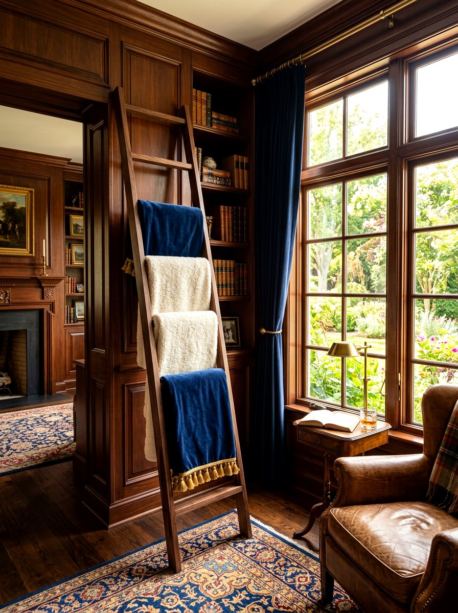 Dark walnut blanket ladder - 30 corner ladder blanket ideas