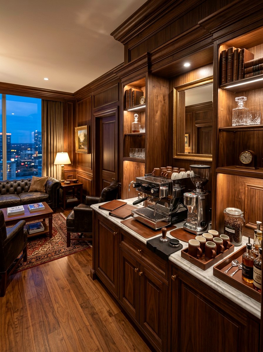 Dark walnut executive coffee station - 30 office coffee corner ideas