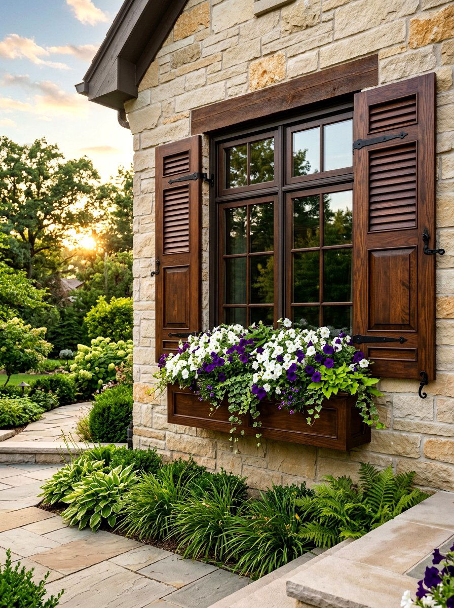 Dark walnut stained shutters - 30 shutters and flower box ideas