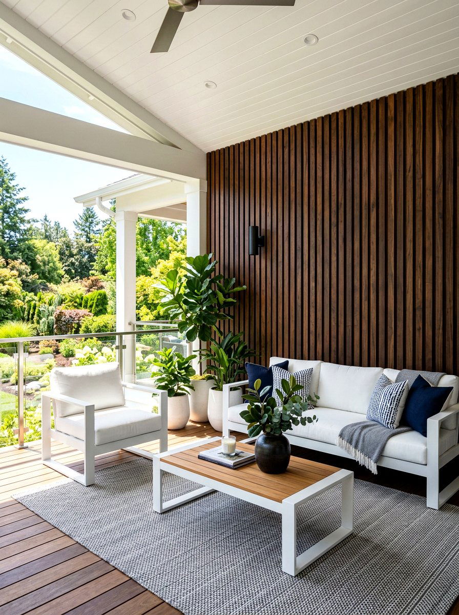 Dark walnut stained slat wall - 30 porch slat wall ideas