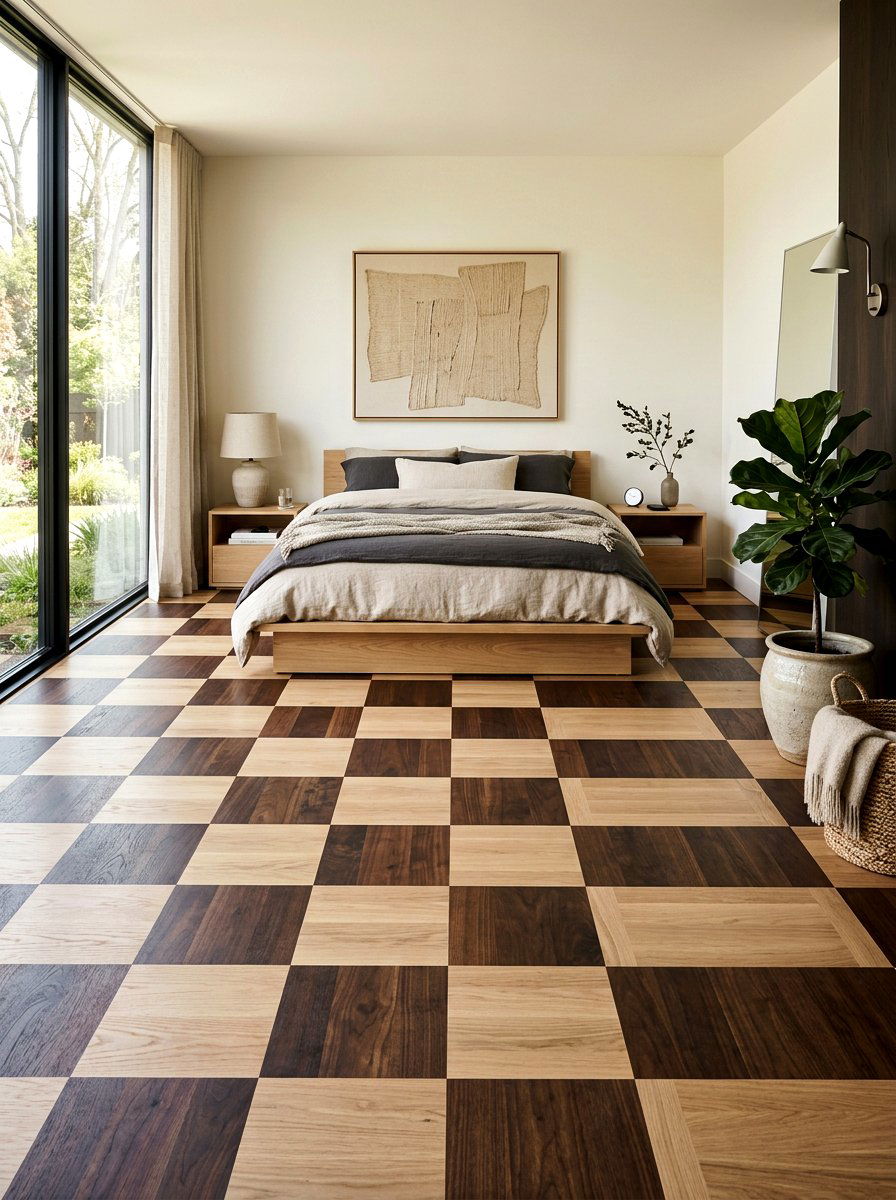 Dark wood and light wood check - 30 peel and stick checkerboard floor ideas