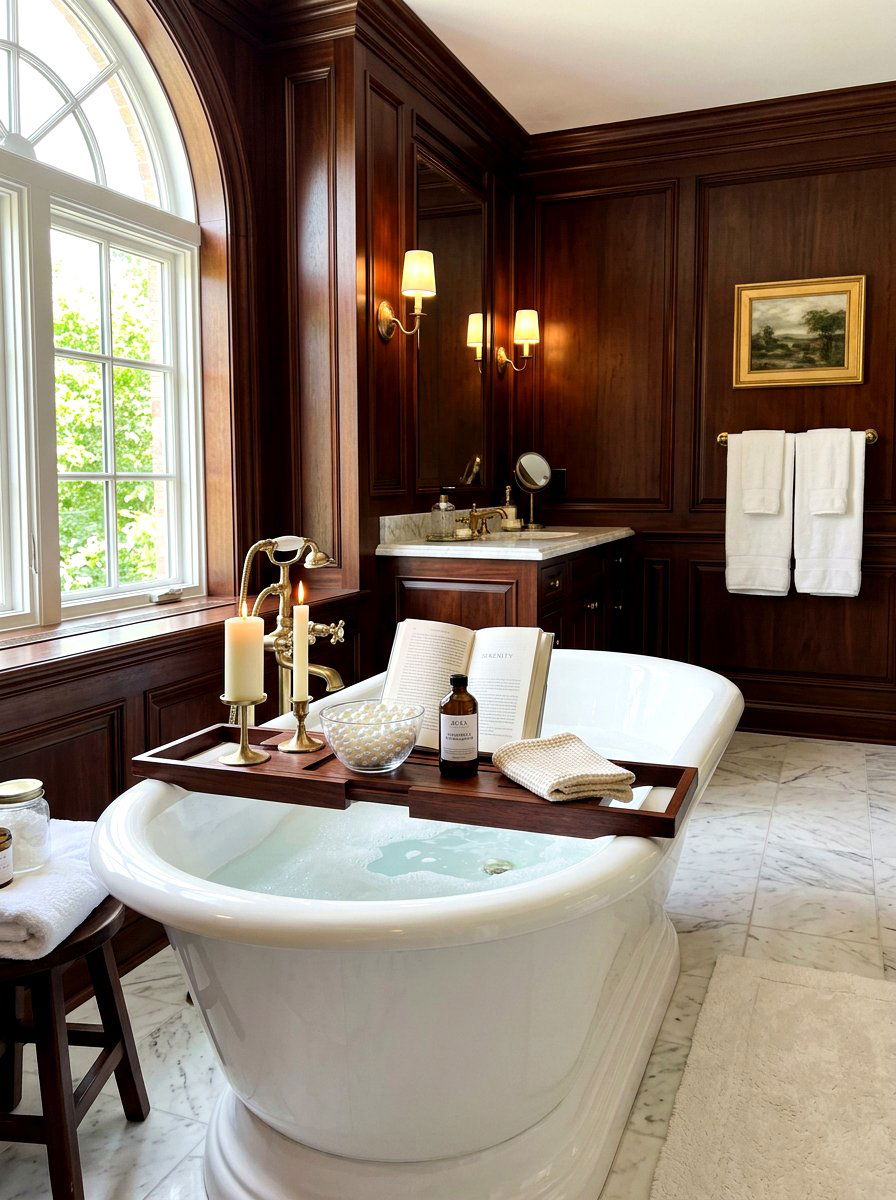 Dark wood bath tray - 30 tub tray styling ideas