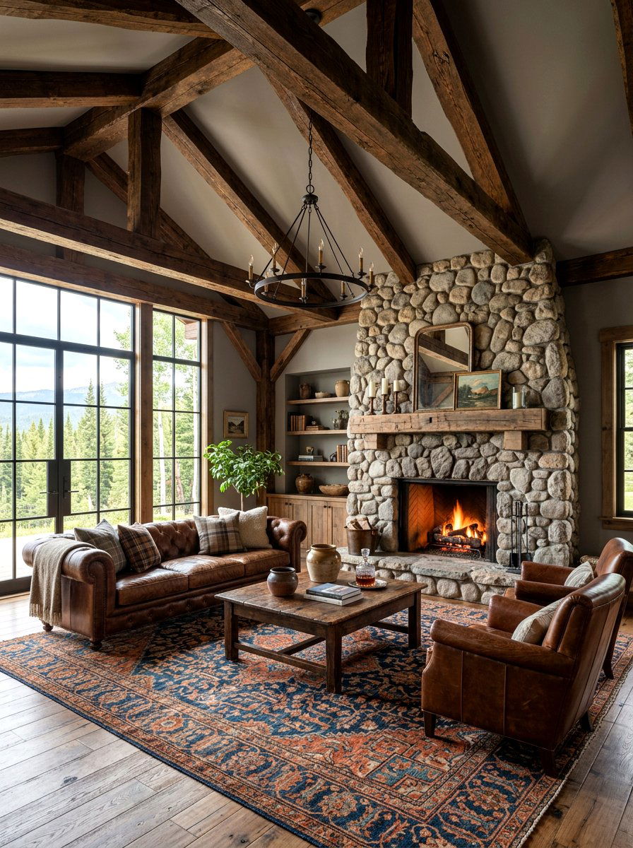 Dark wood beams with gray paint - 30 warm gray and wood living room ideas