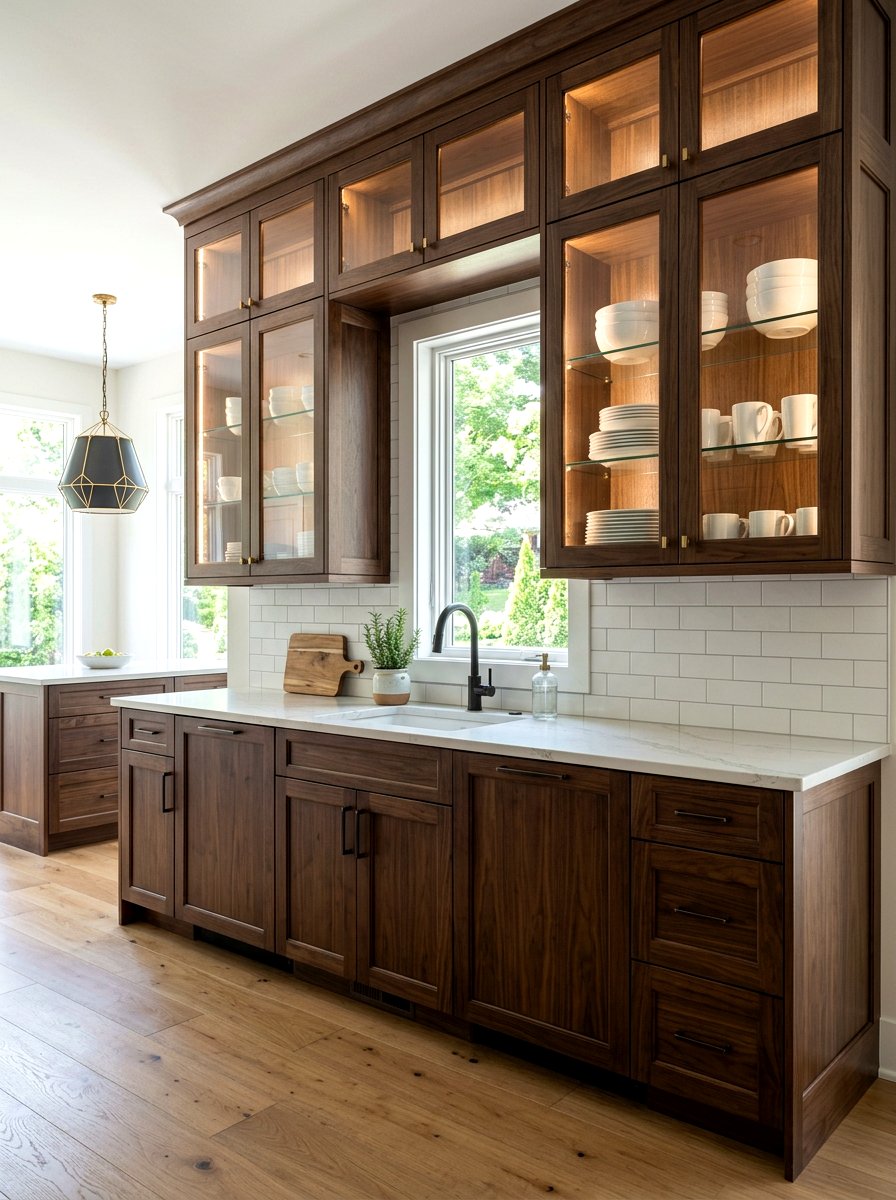 Dark wood cabinets with glass doors - 30 dark wood kitchen ideas
