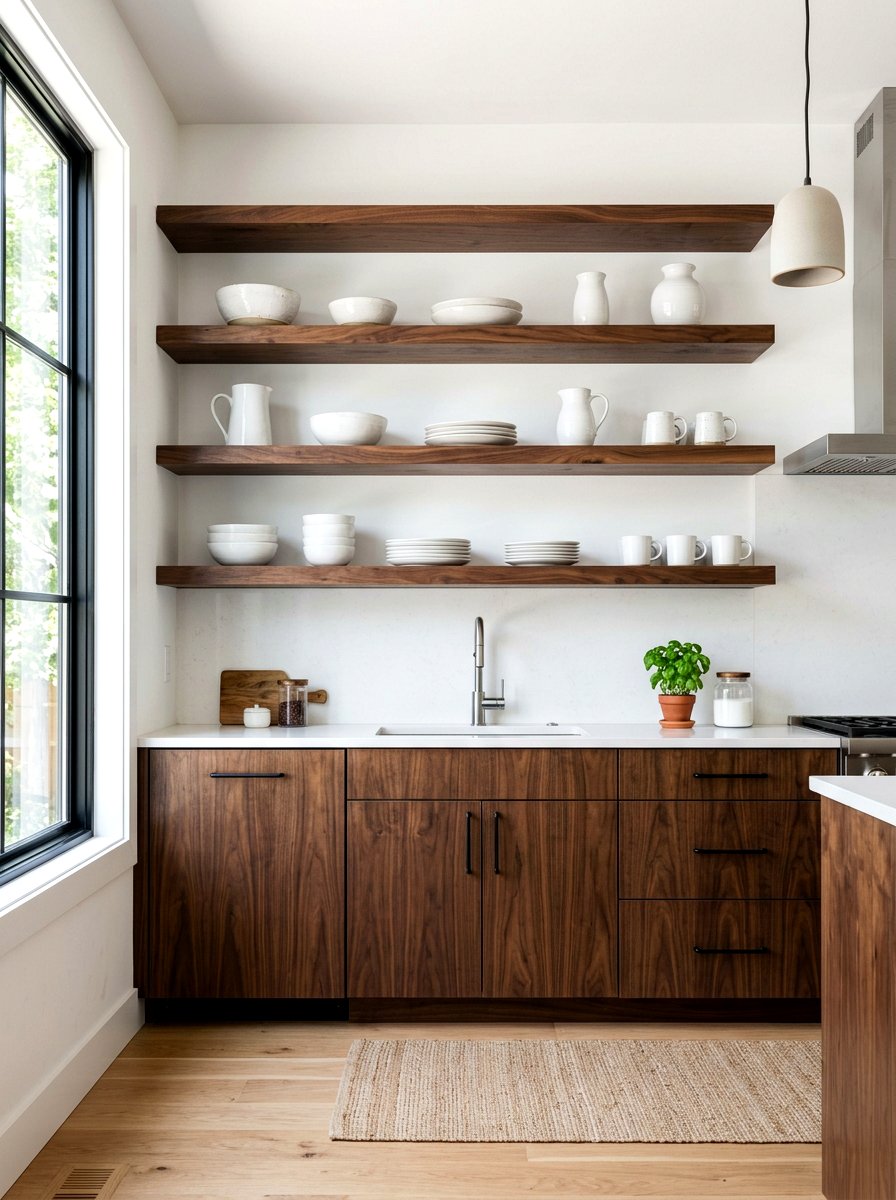 Dark wood cabinets with open shelving - 30 dark wood kitchen ideas