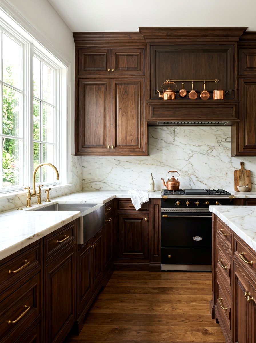 Dark wood cabinets with white marble - 30 dark wood kitchen ideas