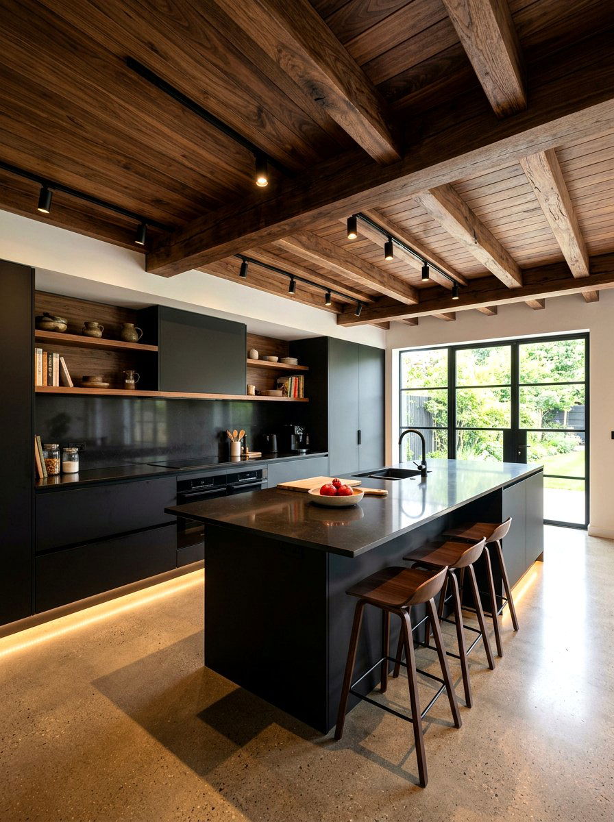 Dark wood ceiling - 30 moody kitchen ideas