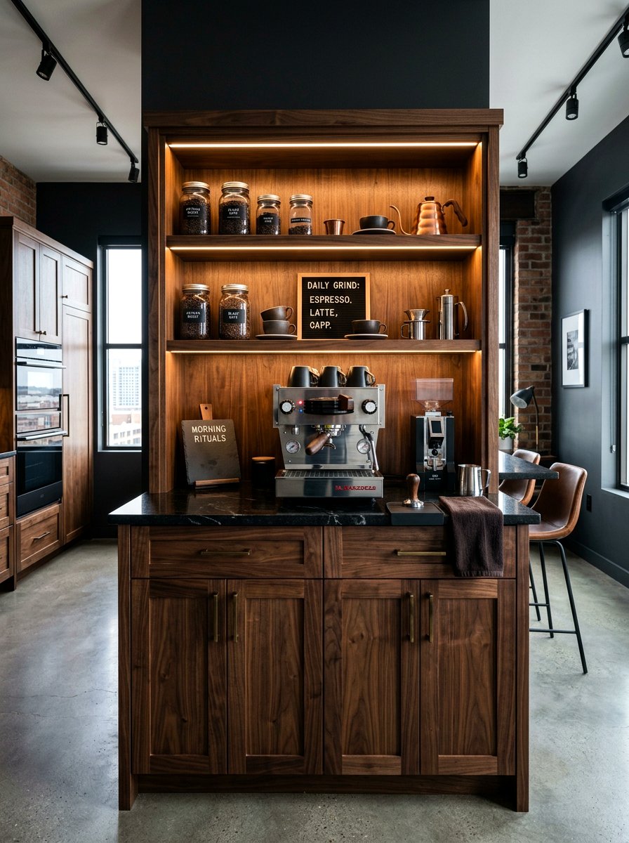 Dark wood coffee bar cabinet - 30 breakfast station cabinet ideas