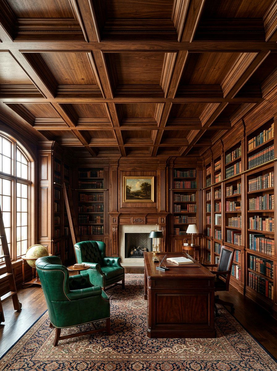 Dark wood coffered ceiling library - 30 coffered ceiling ideas