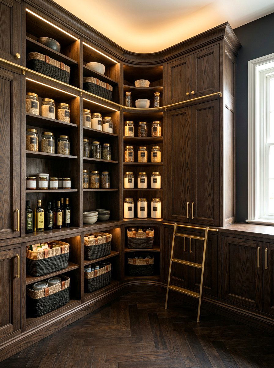 Dark wood corner pantry - 30 corner pantry shelving ideas