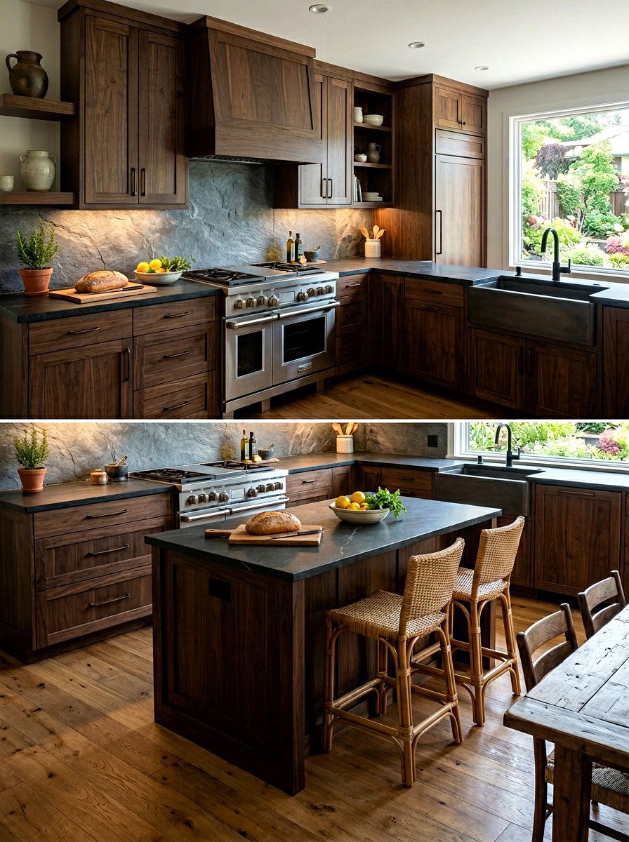 Dark wood kitchen with stone backsplash - 30 dark wood kitchen ideas