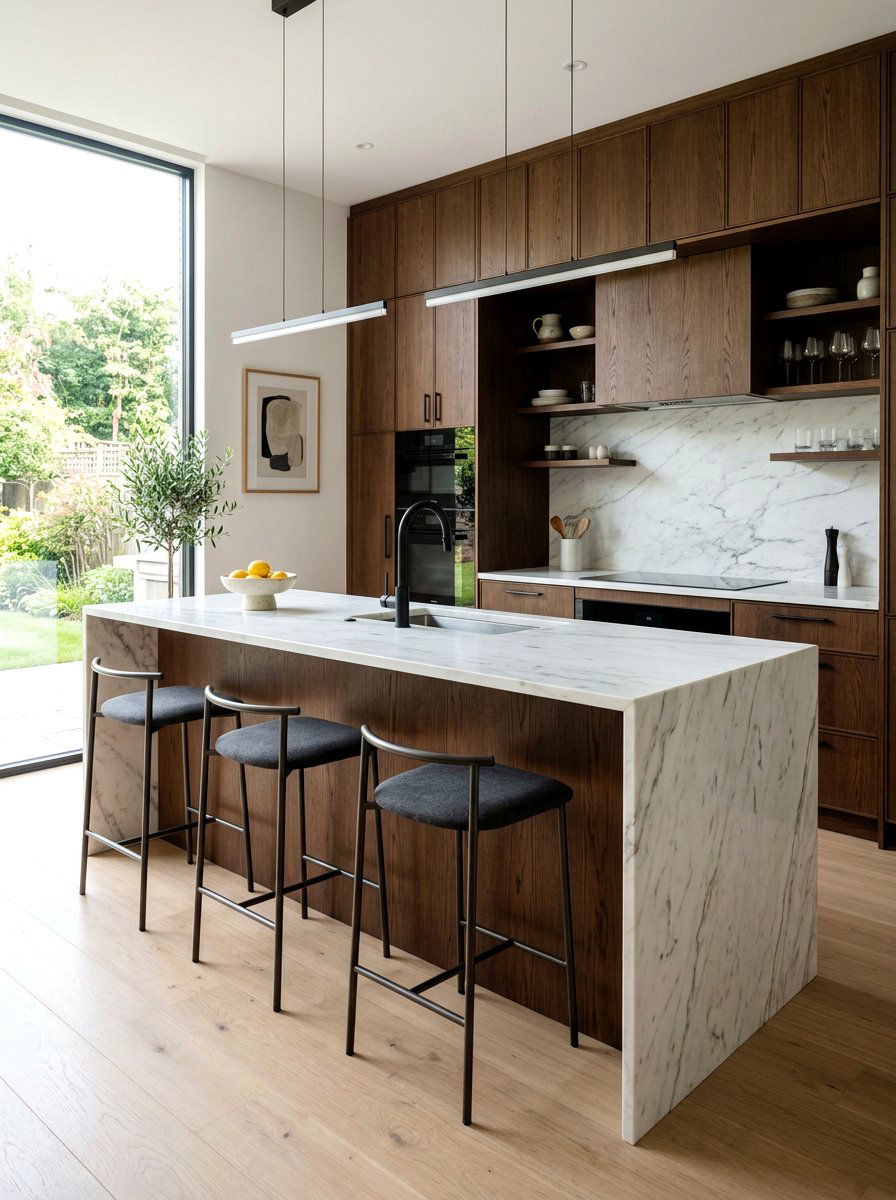 Dark wood kitchen with waterfall island - 30 dark wood kitchen ideas