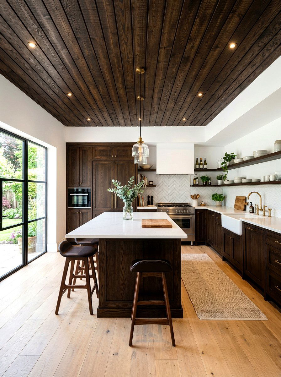 Dark wood kitchen with wood ceiling - 30 dark wood kitchen ideas