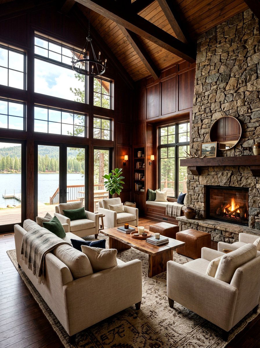Dark wood lake house - 30 lake house living room ideas