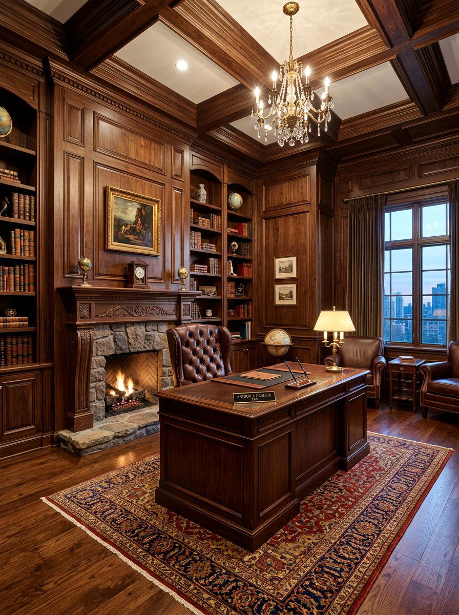 Dark wood wall paneling - 30 quiet luxury office ideas
