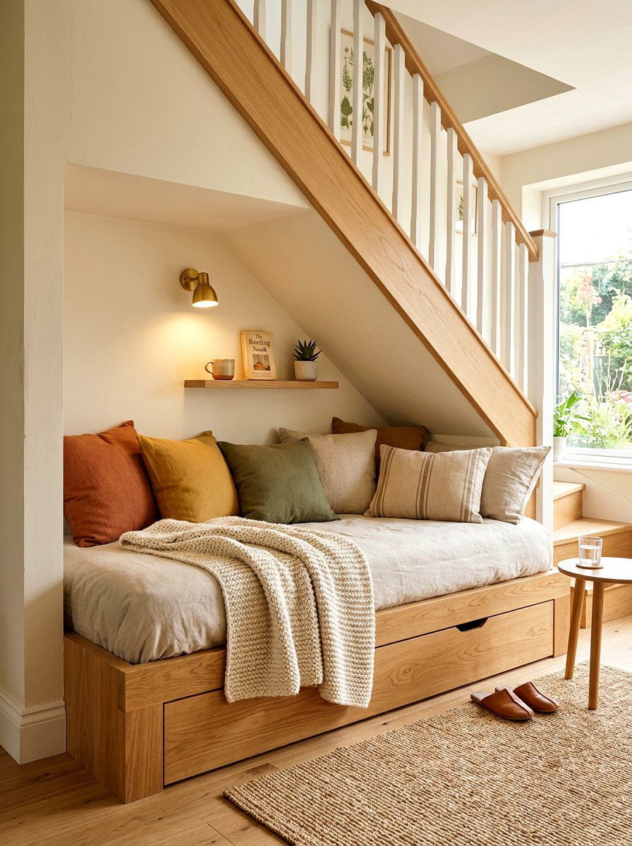 Daybed under stairs - 30 stair nook decor ideas