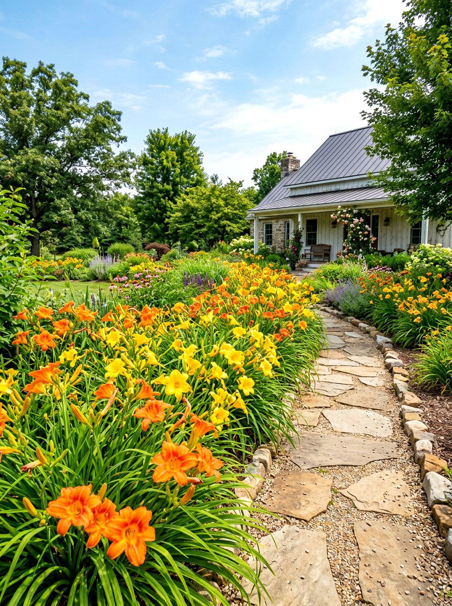Daylily summer flower border - 30 walkway border planting ideas