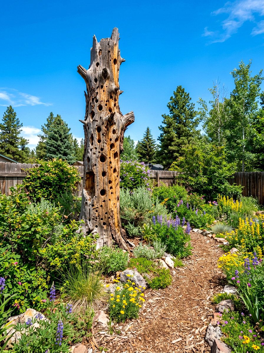 Dead tree snag - 30 bird friendly backyard landscaping ideas