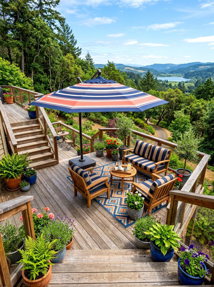 Deck Area Striped Umbrella - 30 striped umbrella patio ideas
