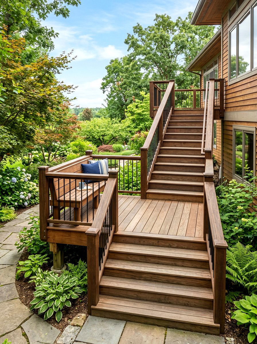 Deck Stair Landing Bench - 30 deck built in seating ideas
