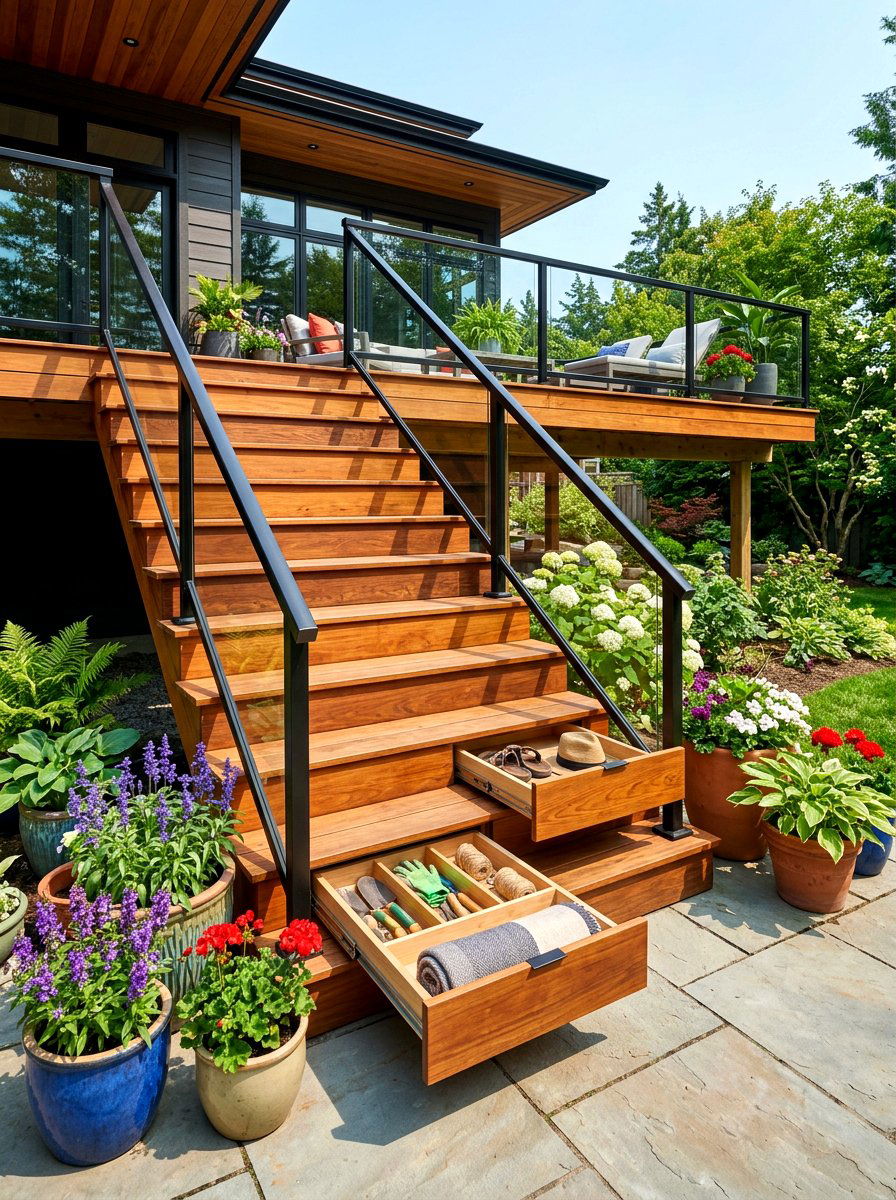 Deck Staircase Drawer - 30 deck storage ideas