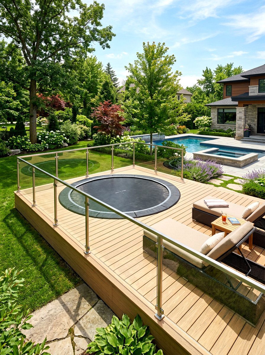 Deck around trampoline - 30 trampoline landscaping ideas