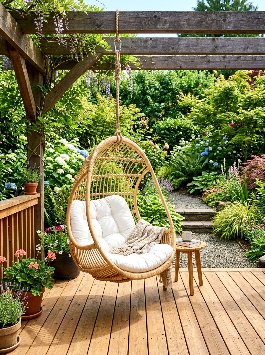 Deck with swing chair - 30 cozy deck ideas