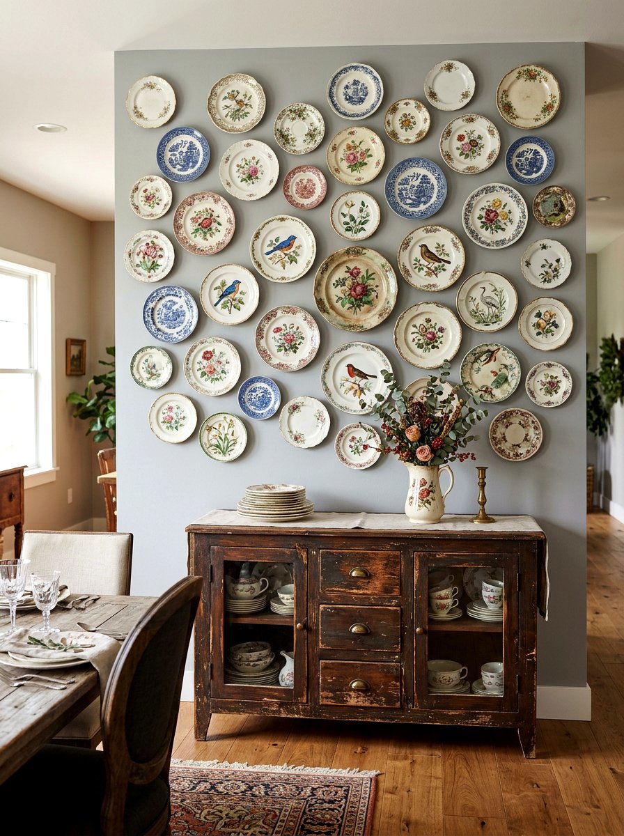 Decorative Antique Plate Wall - 30 French country dining room decor ideas