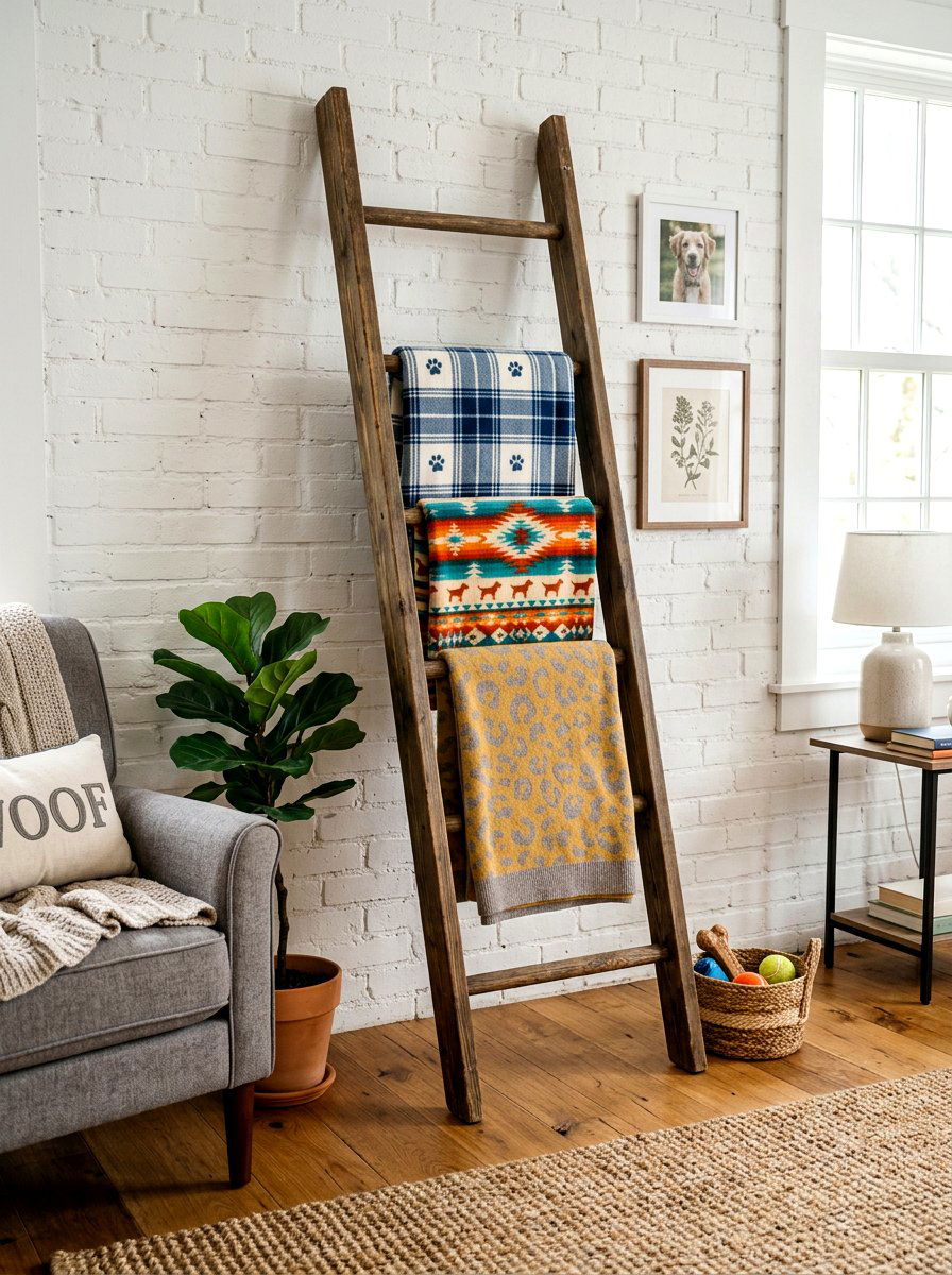 Decorative Ladder For Pet Blankets - 30 organizing pet supplies ideas