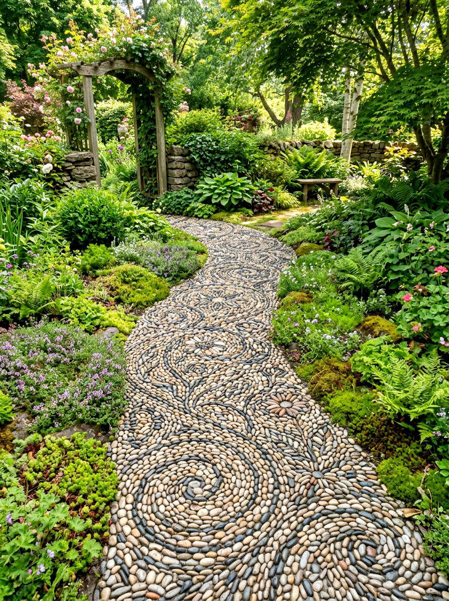 Decorative Pebble Mosaic Path - 30 front garden path ideas