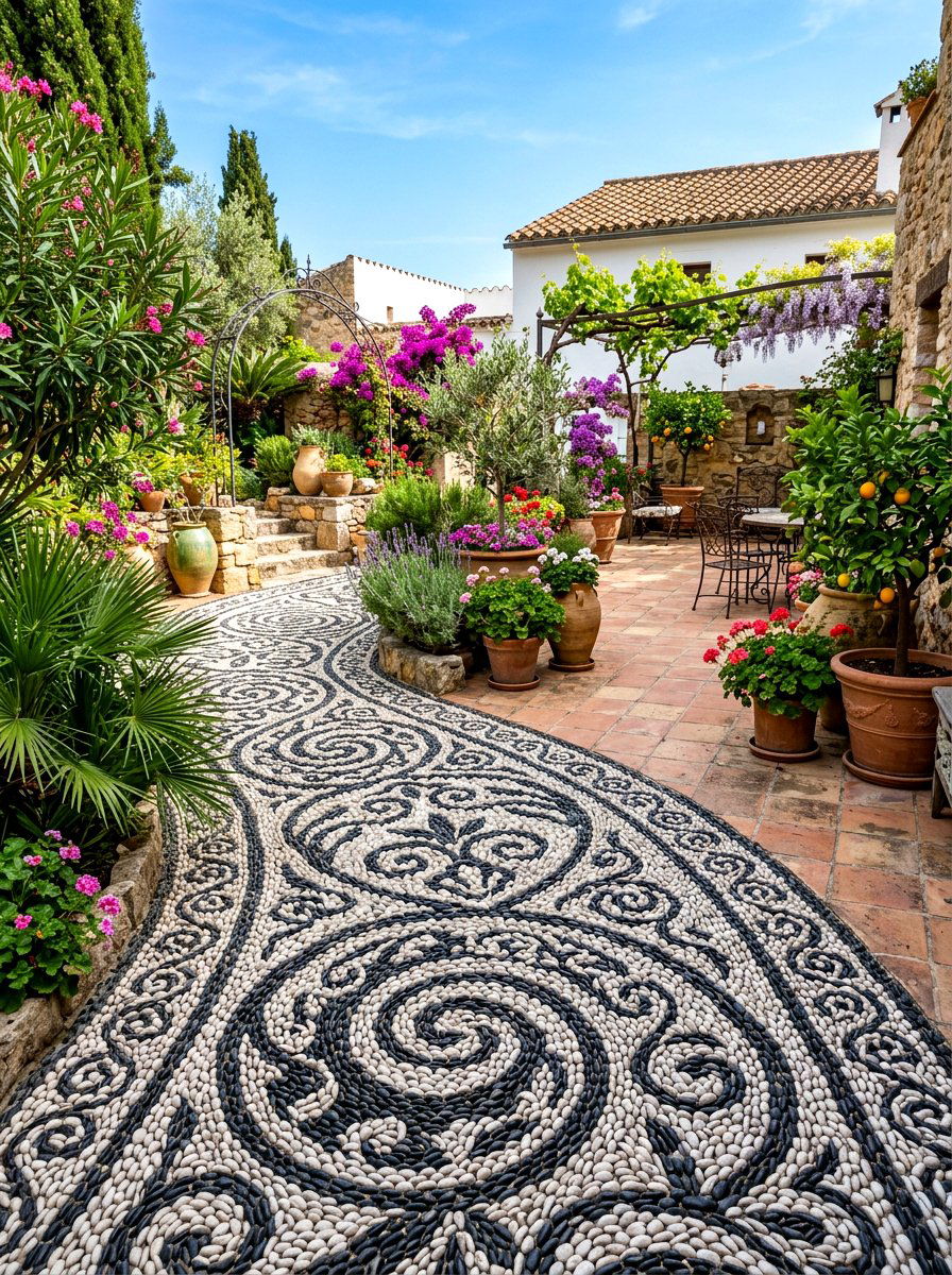 Decorative Pebble Mosaic - 30 backyard walkway ideas