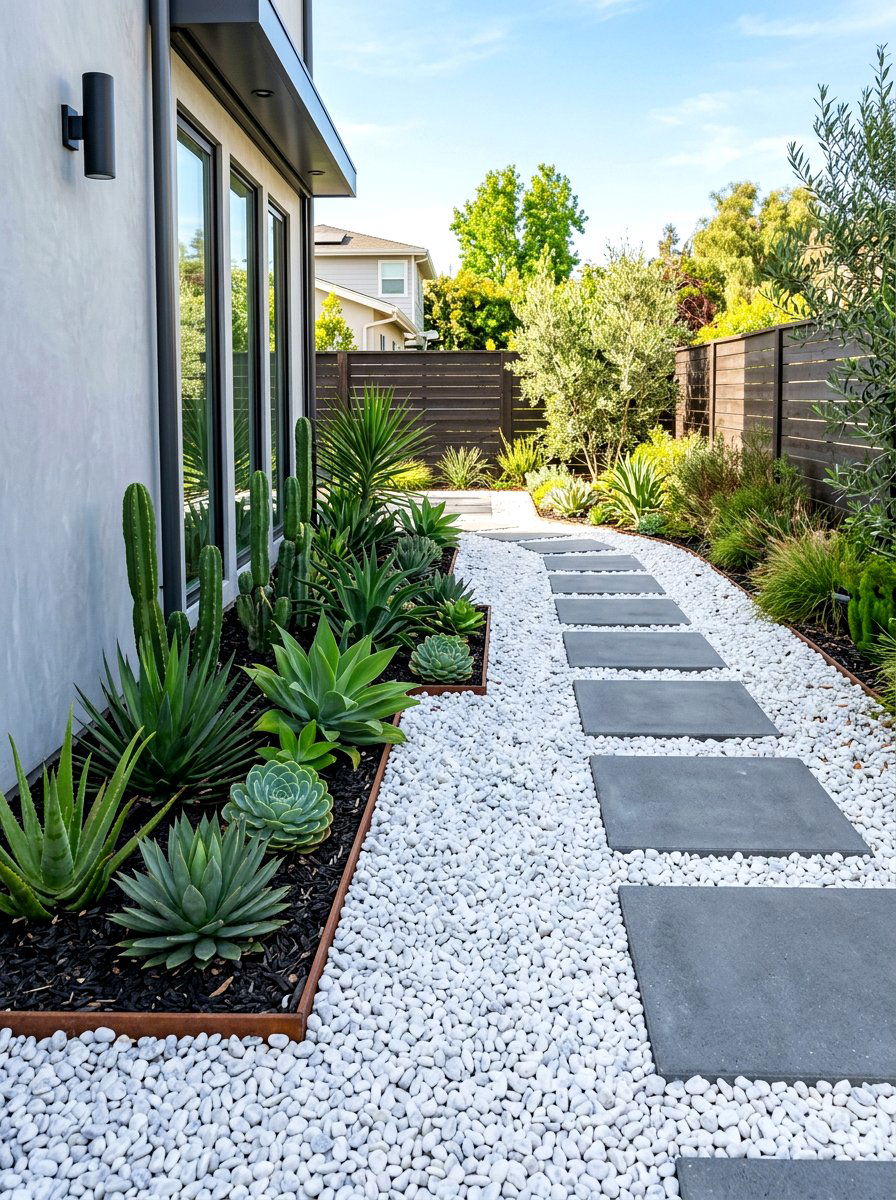 Decorative Pebble Mulch Path - 30 side yard privacy fence landscaping ideas