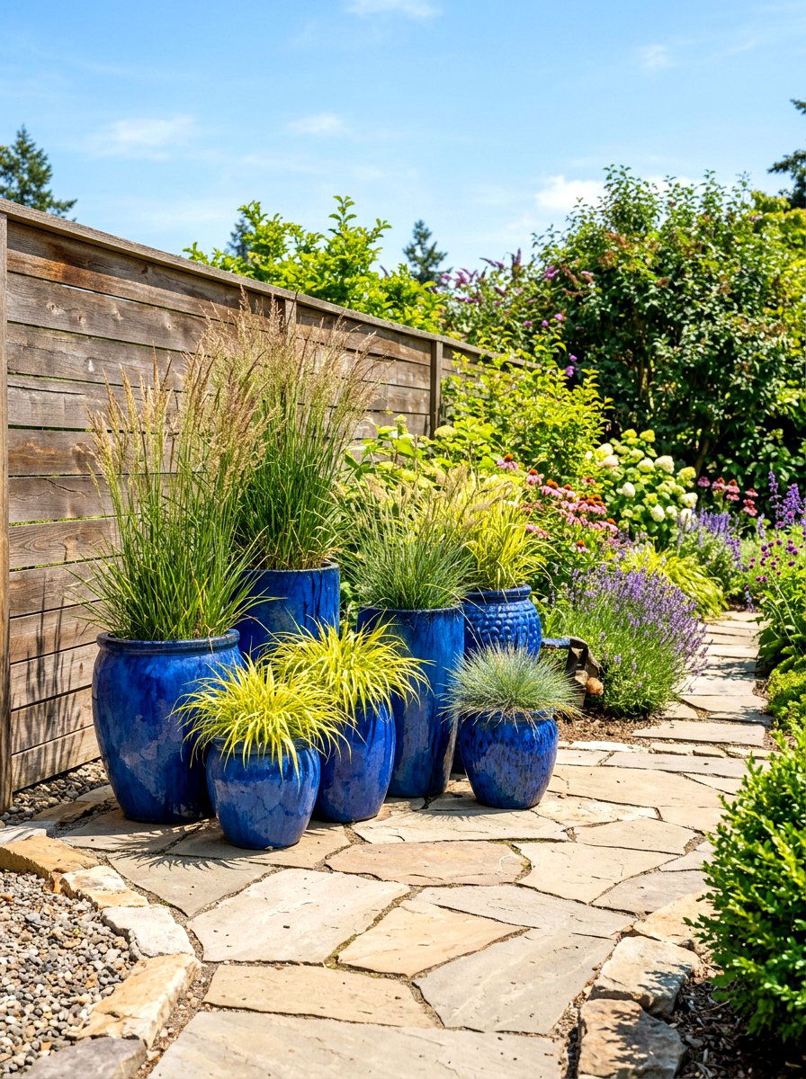 Decorative Pot Display - 30 fence line landscaping ideas