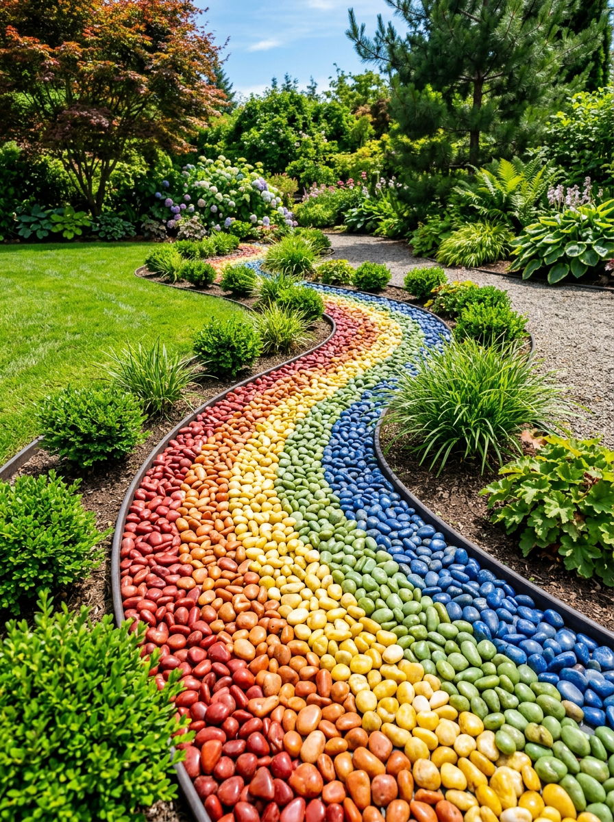 Decorative Rainbow Rock Bed - 30 rock flower bed ideas