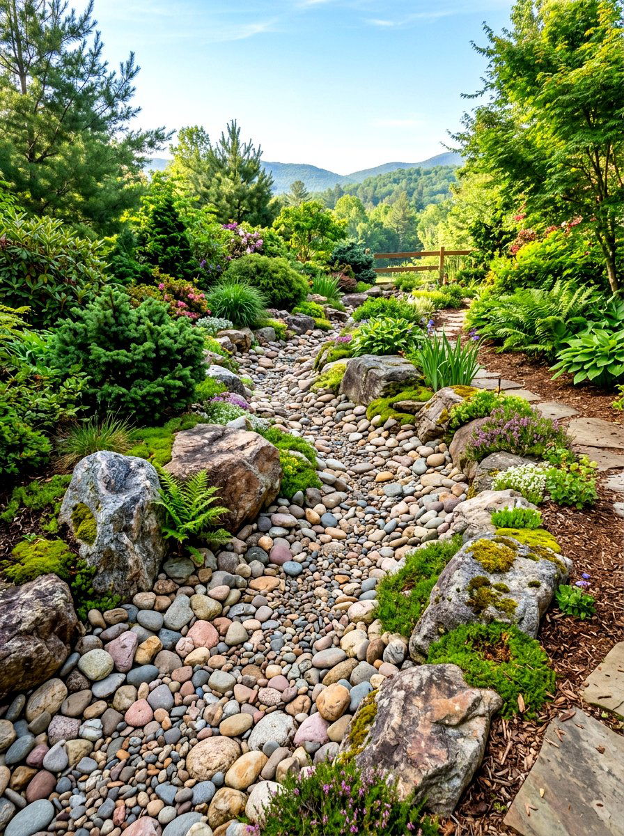 Decorative River Rock Stream - 30 rainwater garden ideas